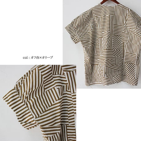 homspun ホームスパン　パッチワークストライププリントVネックブラウス　#オフ白×オリーブ、エンジ×ネイビー、ネイビー×ブラック