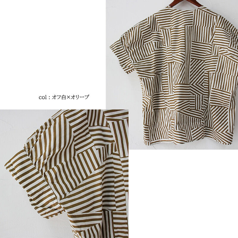 homspun ホームスパン パッチワークストライププリントVネックブラウス