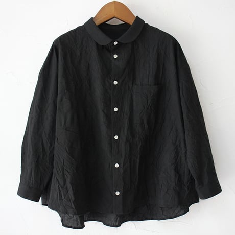 **再入荷** Linenya リネンヤ　コットンシワ加工丸襟長袖ブラウス　#カーキ、ブラック