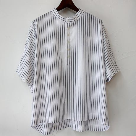 **またまたまた再入荷** LinenYa リネンヤ　コットンストライプヘンリーネックブラウス　#ネイビー、ホワイト
