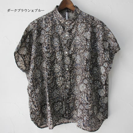ARTE POVERA アルテポーヴェラ　インド草木染めハンドプリントスタンドフレンチシャツ