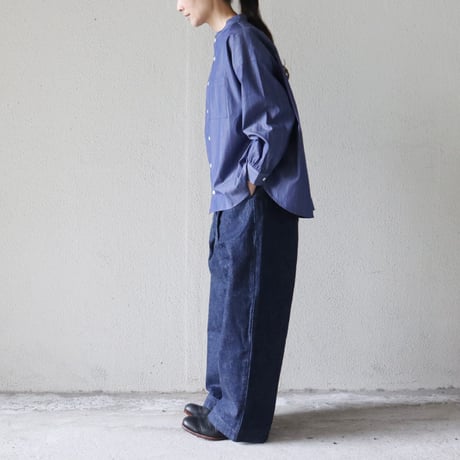 **またまたまた再入荷** LinenYa リネンヤ　ギザコットンバンドカラーシャツ　#ネイビー