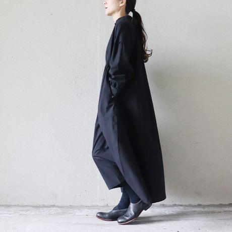 **またまたまた再入荷**LinenYa リネンヤ　コットンタイプライター長袖スタンドカラーワンピース　#ブラック、チャコール