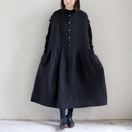 **再々入荷** Linenya リネンヤ　リネンフレンチスリーブワンピース　#ブラック、チャコール　【送料無料】