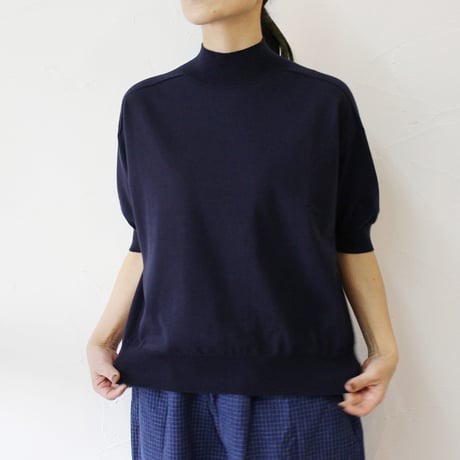 **またまたまた再入荷** LinenYa リネンヤ as it is.  コットンモックネック5分袖ニット　#ネイビー、ブラック、ホワイト
