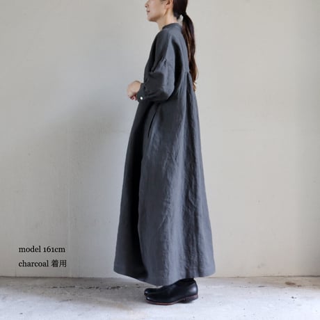 **またまたまた再入荷** LinenYa リネンヤ　リネンスタンドカラーワンピース　#ブラック、ネイビー、ベージュ、チャコール　【送料無料】