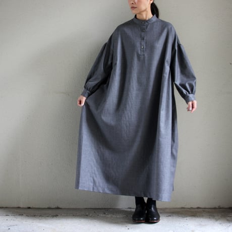 **再入荷** LinenYa リネンヤ　ウールサキソニー長袖スタンドカラーワンピース　#グレー