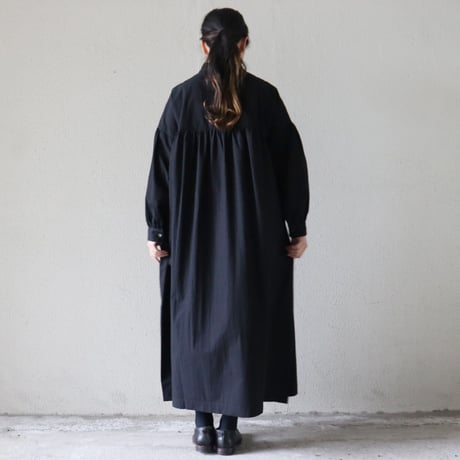 **またまたまた再入荷**LinenYa リネンヤ　コットンタイプライター長袖スタンドカラーワンピース　#ブラック、チャコール
