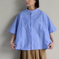 **またまた再入荷** LinenYa リネンヤ　綿麻ストライプバンドカラー半袖シャツ　#ブルー、ピンク