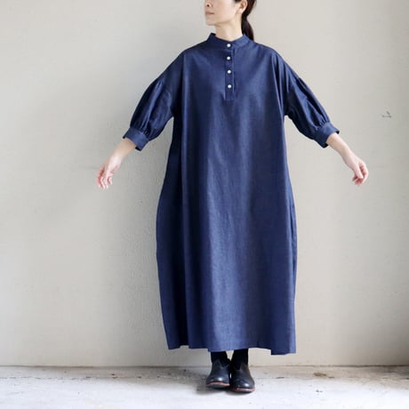 **またまた再入荷** LinenYa リネンヤ　5ozデニムスタンドカラーワンピース　#インディゴ