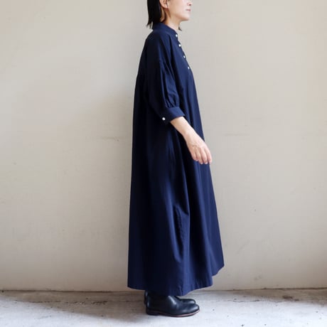 **またまた再入荷** LinenYa リネンヤ　コットンリネンラミースタンドカラーワンピース　#スミクロ、ネイビー