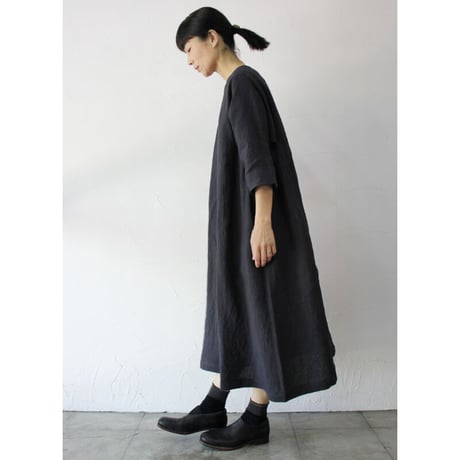 LinenYa リネンギャザーワンピース　#ネイビー、グレージュ　【送料無料】