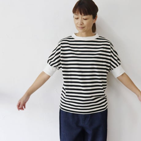 **再入荷** homspun ホームスパン 40/2天竺ボーダーハイネック半袖プルオーバー　#オフホワイトｘブラック、グレーｘブラック