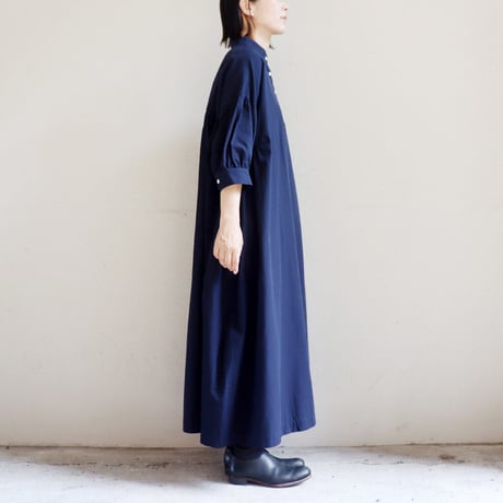 **またまた再入荷** LinenYa リネンヤ　コットンリネンラミースタンドカラーワンピース　#スミクロ、ネイビー