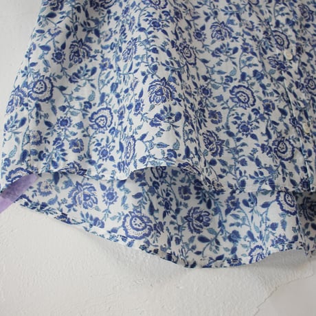 **再入荷**LinenYa リネンヤ　コットンボイルフラワープリントバンドカラー半袖シャツ　#ネイビー、ホワイト