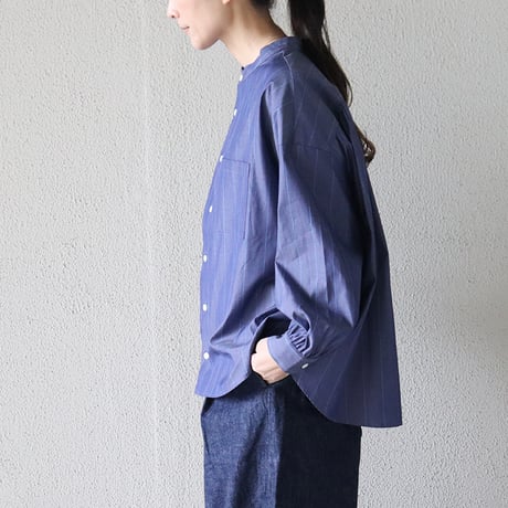 **またまたまた再入荷** LinenYa リネンヤ　ギザコットンバンドカラーシャツ　#ネイビー