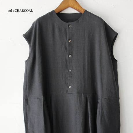**再々入荷** Linenya リネンヤ　リネンフレンチスリーブワンピース　#ブラック、チャコール　【送料無料】