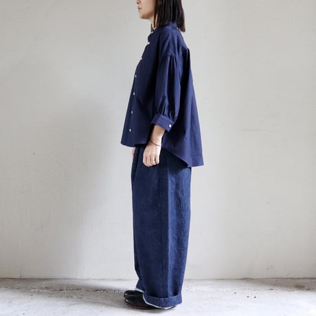 Linenya リネンヤ　ギザコットンバンドカラー7分袖ブラウス　#ネイビー、ホワイト
