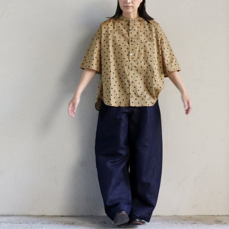 **またまたまた再入荷** Linenya リネンヤ　ロイヤルローンポルカドットバンドカラー半袖シャツ　#シナモン、サンド　【送料無料】