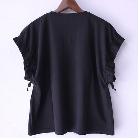 homspun ホームスパン 40/1フライスVネックギャザースリーブTシャツ　#サラシ、ブラック、TOPネイビー