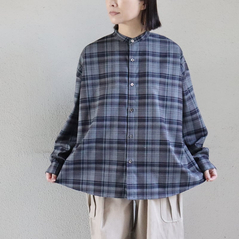 TRAVAIL MANUEL トロチェックバンドカラー長袖シャツ #ネイビー