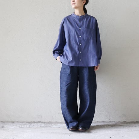 **またまたまた再入荷** LinenYa リネンヤ　ギザコットンバンドカラーシャツ　#ネイビー