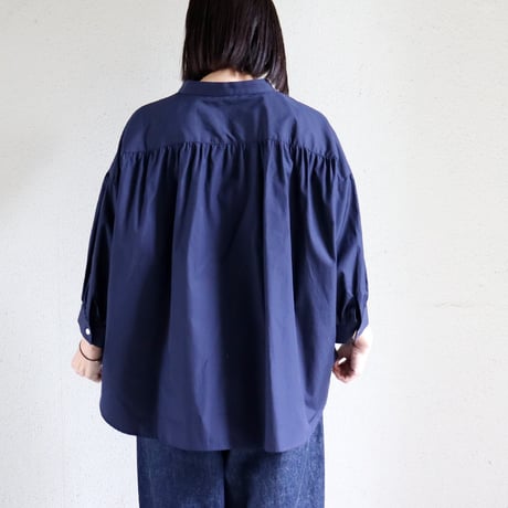 Linenya リネンヤ　ギザコットンバンドカラー7分袖ブラウス　#ネイビー、ホワイト