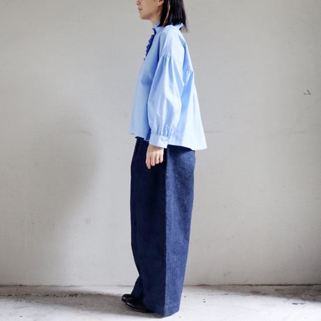 **再入荷** Linenya リネンヤ　コットンフリル長袖ブラウス　#ホワイト、ライトブルー、ネイビー、千鳥