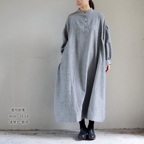**再々入荷** LinenYa リネンヤ　ウールコットン長袖スタンドカラーワンピース　#千鳥格子
