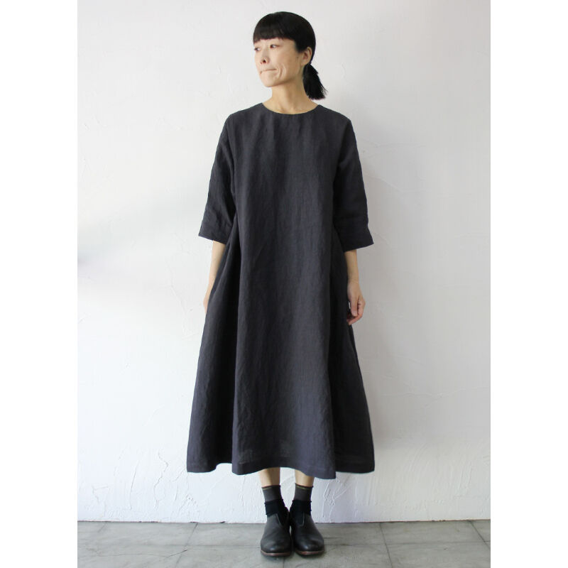 LinenYa リネンギャザーワンピース #ネイビー、グレージュ