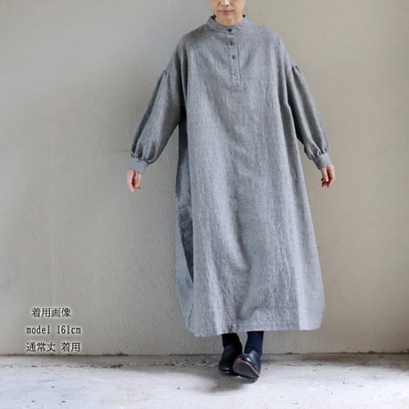 **再々入荷** LinenYa リネンヤ　ウールコットン長袖スタンドカラーワンピース　#千鳥格子