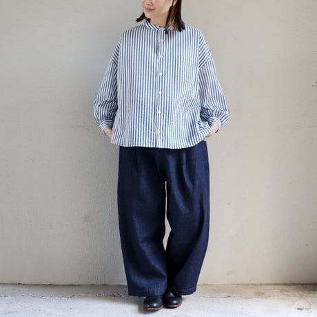 **またまた再々入荷** Linenya リネンヤ　コットンバンドカラーブラウス　#ストライプブルー　【送料無料】
