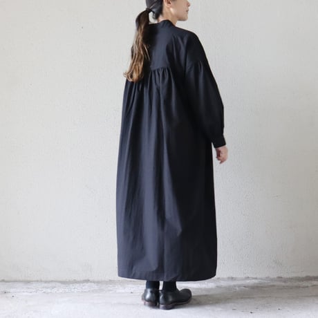 **またまたまた再入荷**LinenYa リネンヤ　コットンタイプライター長袖スタンドカラーワンピース　#ブラック、チャコール