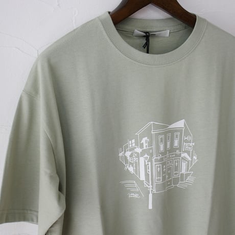 amne アンヌ　Tシャツ　ブティック柄半袖Tシャツ　#ホワイト、セージ、ネイビー