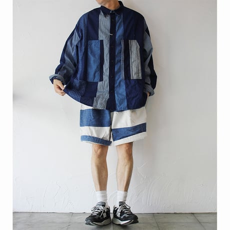 美品！　FUNSET OF ART  インディゴパッチワーク刺し子ストール FUNSET OF ART 【ファンセットオブアート】IDGパッチワーク