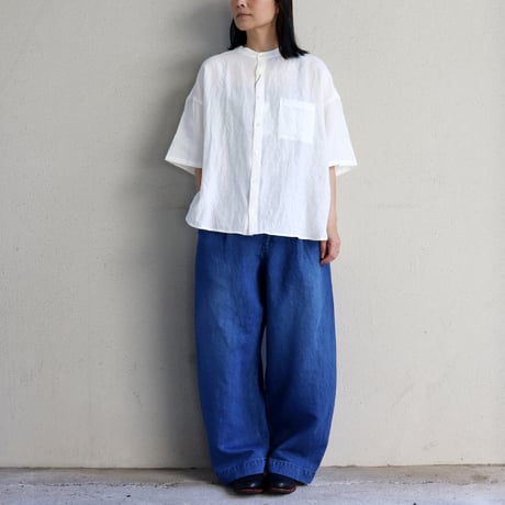 Linenya リネンヤ　リネンシャンブレーバンドカラー半袖シャツ　#ホワイト