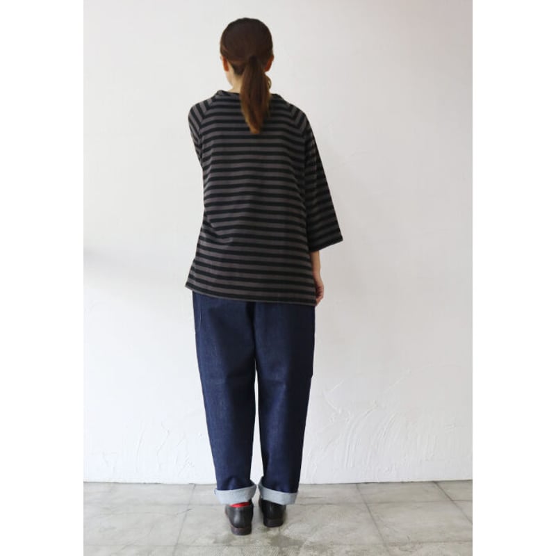 【オリーブ】homspunホームスパン+Le minorボーダーカットソー homspun 太ボーダー半袖Tシャツ オリーブ x ブラック homspun