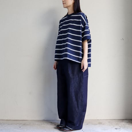 TRAVAIL MANUEL トラバイユマニュアル　オーガニックボーダースリットTシャツ　#オフ白、ネイビー
