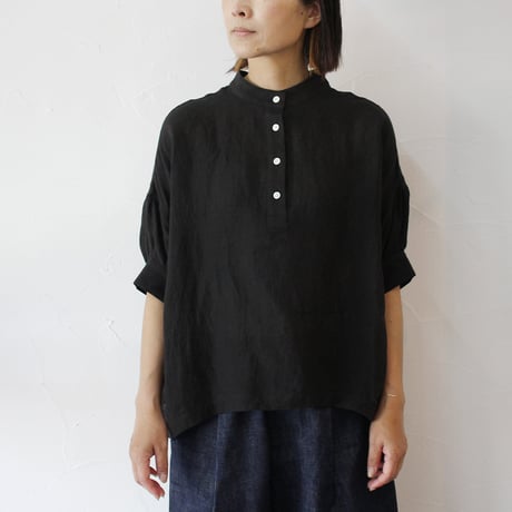 **またまたまた再入荷**LinenYa リネンヤ　リネン半袖スタンドカラーブラウス　#アイボリー、ライトグレー、ブラック