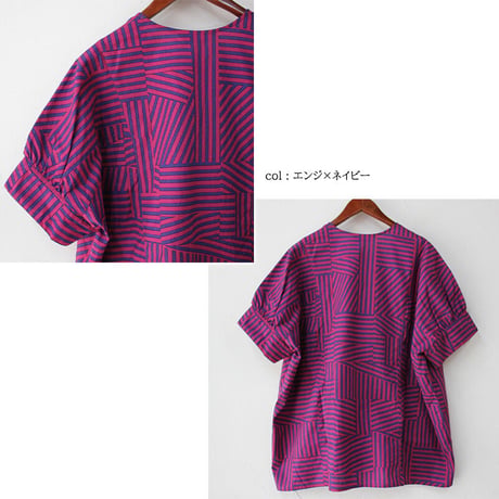 homspun ホームスパン　パッチワークストライププリントVネックブラウス　#オフ白×オリーブ、エンジ×ネイビー、ネイビー×ブラック