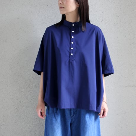 Linneya リネンヤ　コットンタイプライターヘンリーネックブラウス　#ネイビー　【送料無料】