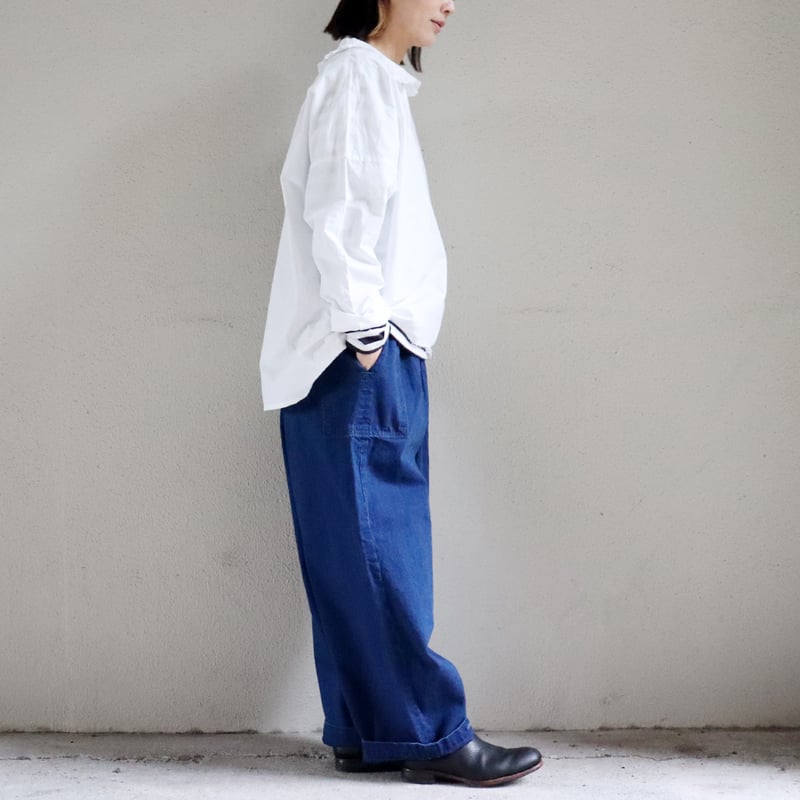 今季　ホームスパン　10オンスデニム　ギャザーパンツ　白 homspun(ホームスパン）/ 10オンスデニムギャザーパンツ(ホワイト