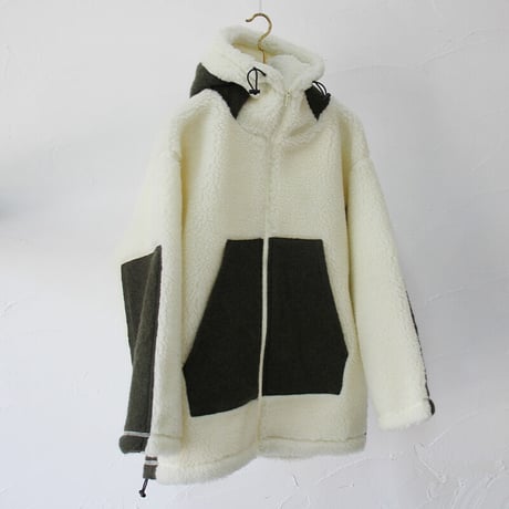 maomade マオメイド　シープボアｘ圧縮ウールフードジャケット　#オフ白ｘカーキ、ブラックｘブラック