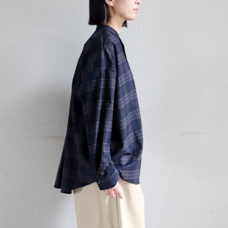 TRAVAIL MANUEL トロチェックバンドカラー長袖シャツ　#ネイビー、グレー　【送料無料】