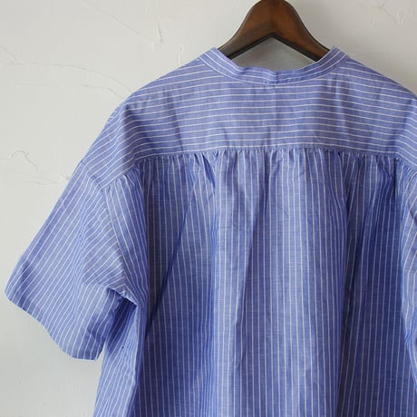 **またまた再入荷** LinenYa リネンヤ　綿麻ストライプバンドカラー半袖シャツ　#ブルー、ピンク
