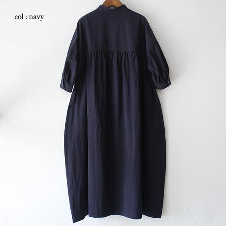 **またまた再入荷** LinenYa リネンヤ　コットンリネンラミースタンドカラーワンピース　#スミクロ、ネイビー