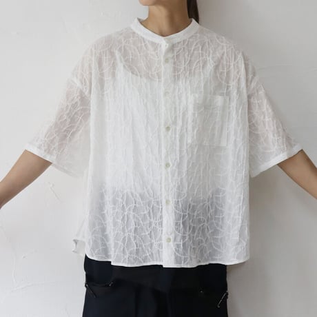 **またまたまた再入荷** Linenya リネンヤ　バンドカラーエンブロイダリー半袖シャツ　#ホワイト　【送料無料】