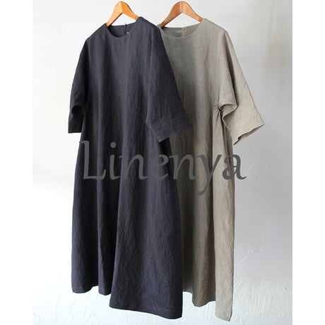 LinenYa リネンギャザーワンピース　#ネイビー、グレージュ　【送料無料】