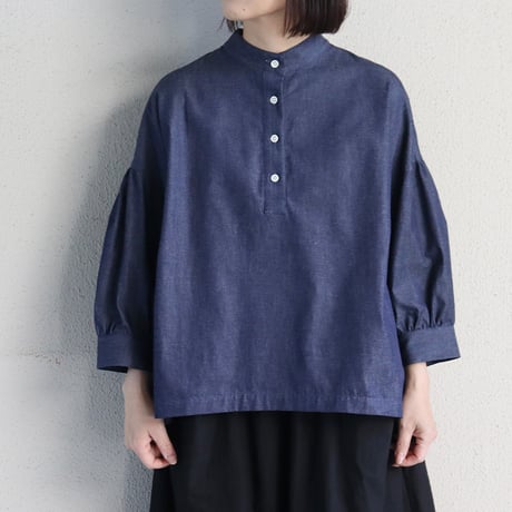**再々入荷** LinenYa リネンヤ　5ozデニムスタンドカラーブラウス　#インディゴ