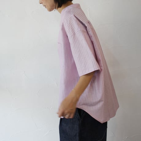 **またまた再入荷** LinenYa リネンヤ　綿麻ストライプバンドカラー半袖シャツ　#ブルー、ピンク